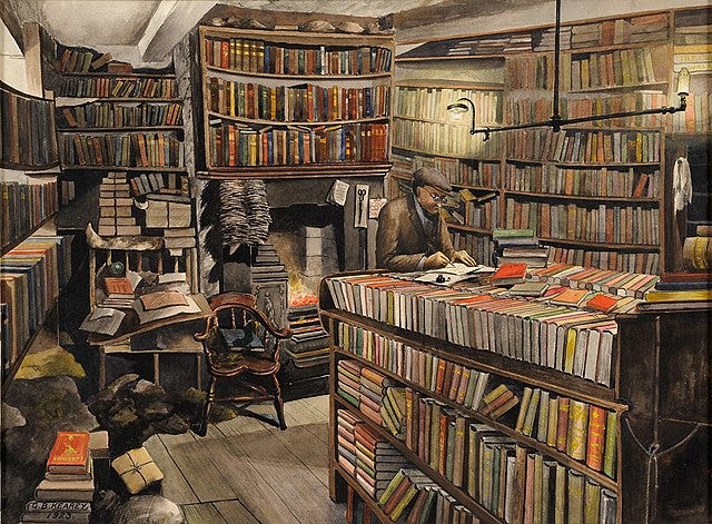 Coloured drawing of an old British bookshop: hardback volumes on sagging wooden shelves, low ceiling, an open fire, and a bookseller in a brown shop coat and glasses fulfilling orders with pen and paper