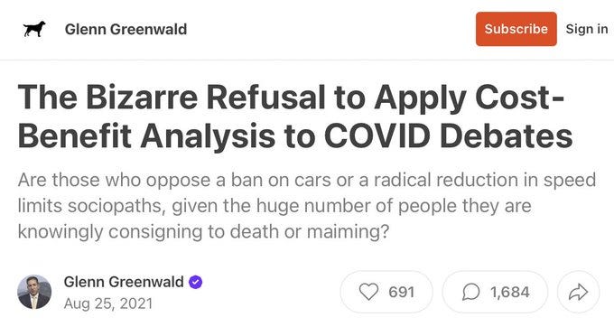 Image: Green Greenwald Substack article: "The Bizarre Refusal to Apply a Cost-Benefit Analysis to Covid-19"