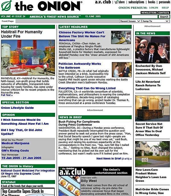 The Onion's homepage on June 15, 2005.