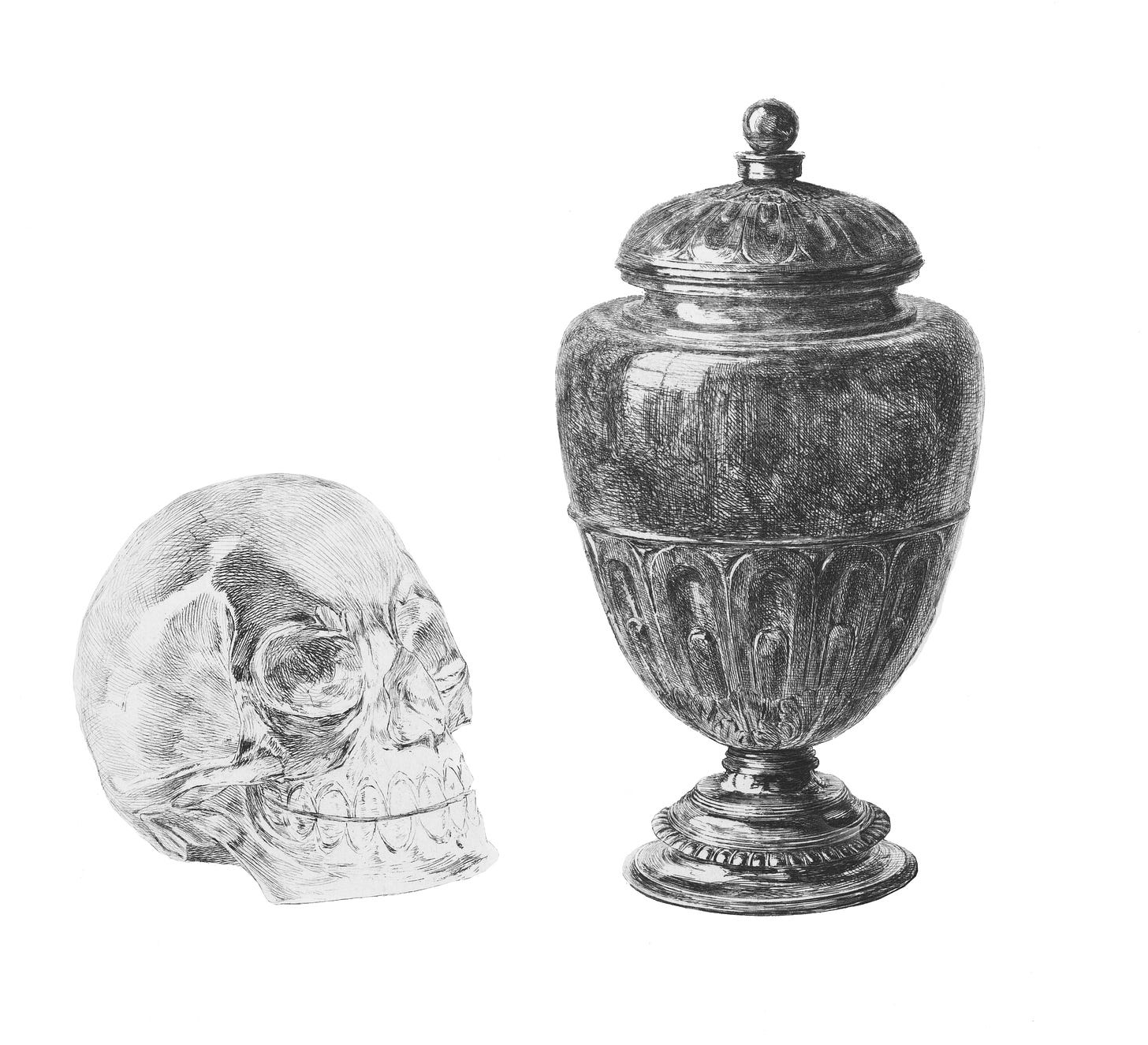 Black and white illustration of a jade vase and a crystal skull