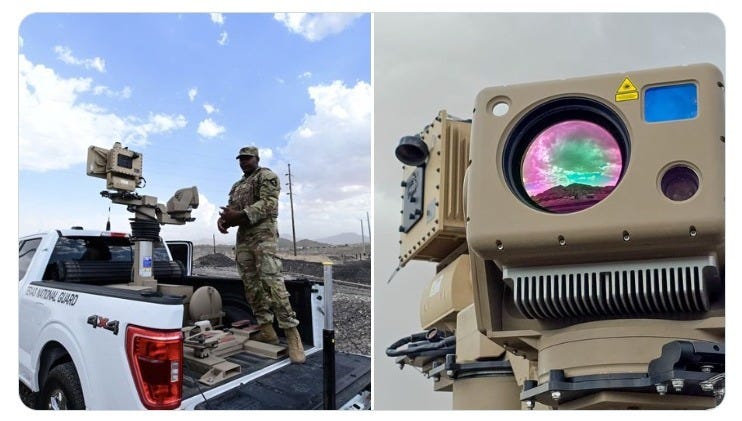 A Texas National Guardsman operates visual surveillance equipment along the Texas-Mexico border