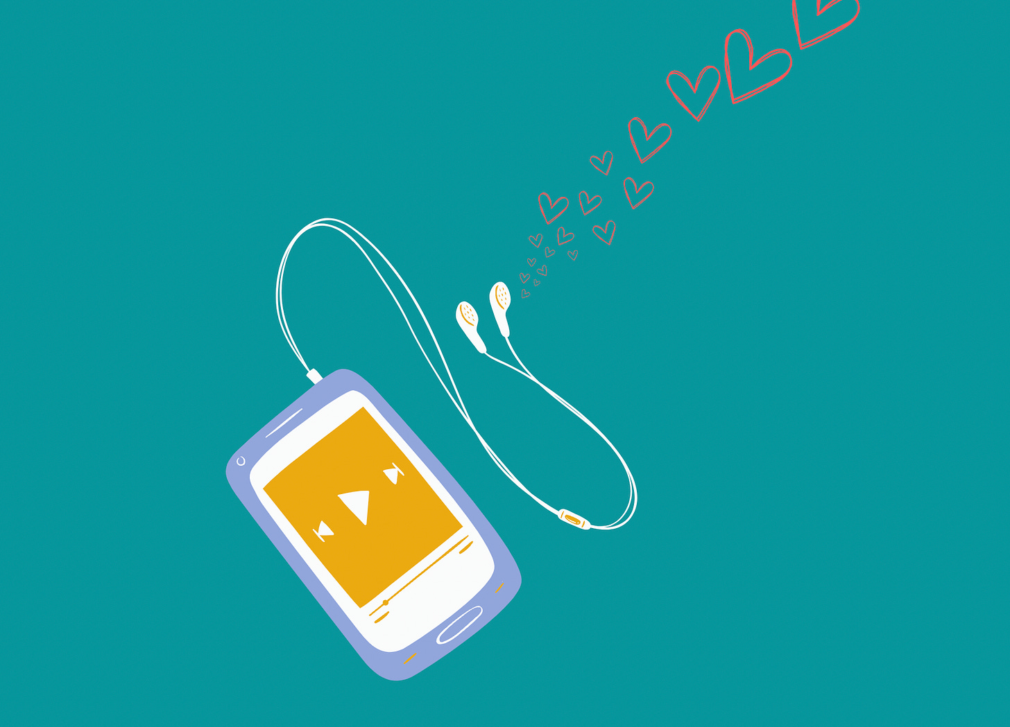 drawing of a phone with a player interface on the screen and hearts coming out of the earphones