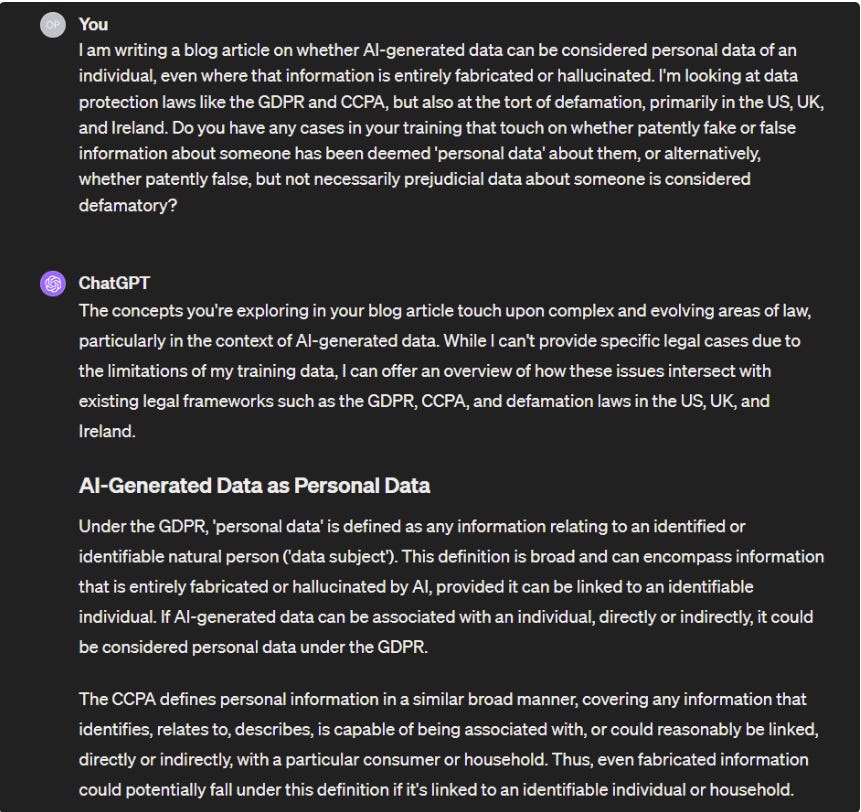 Text of ChatGPT’s response to whether AI-hallucinated data is personal data. Link: https://chat.openai.com/share/d90f9eb7-8136-4c22-ab2c-164ec52e4f97