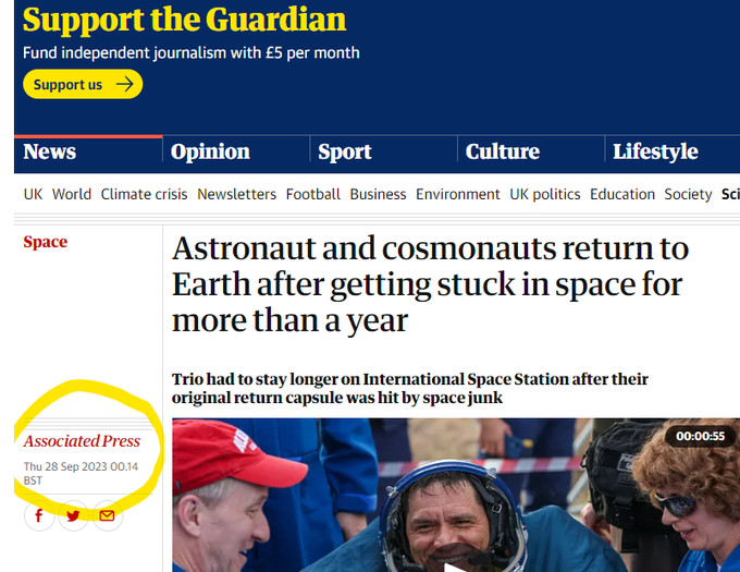 Guardian story about the astronaut and cosmonauts in space for over a year with the Associated Press credited as the origin of the story in the sidebar