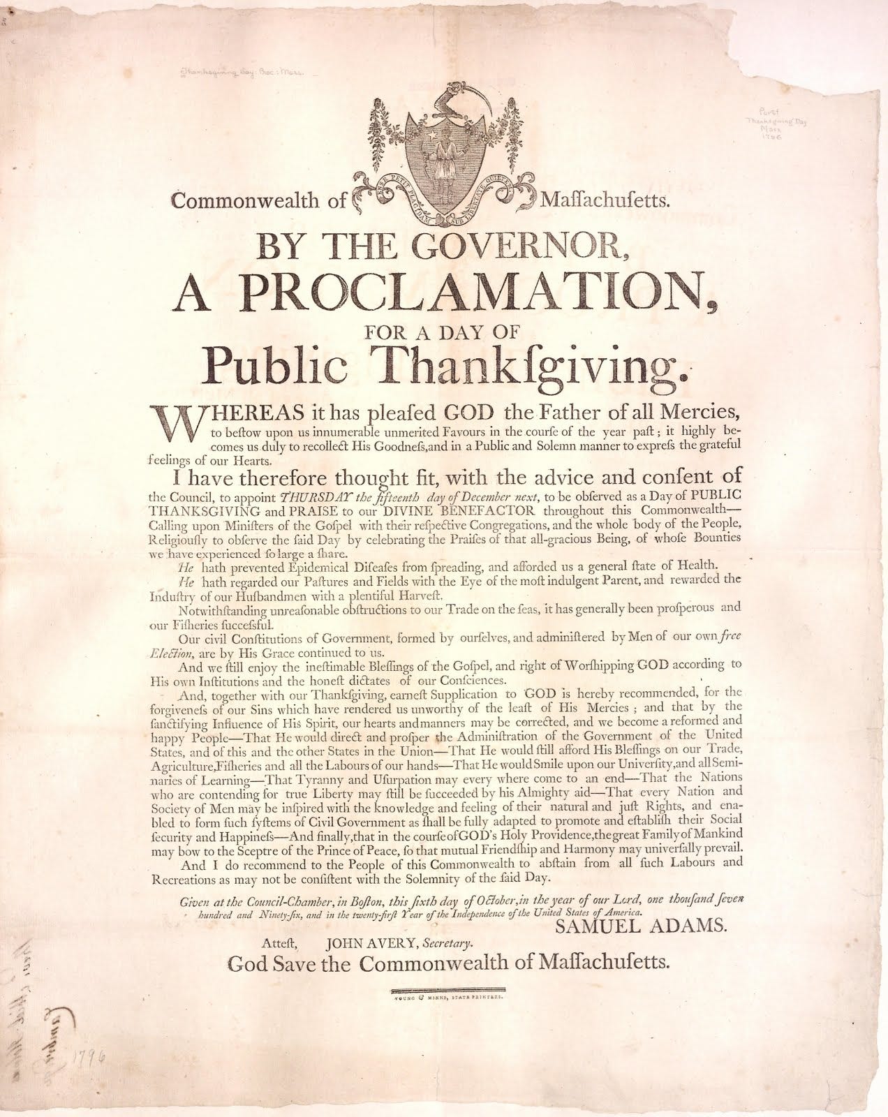 Thanksgiving Proclamation, Governor Samuel Adams, Massachusetts, 1796.