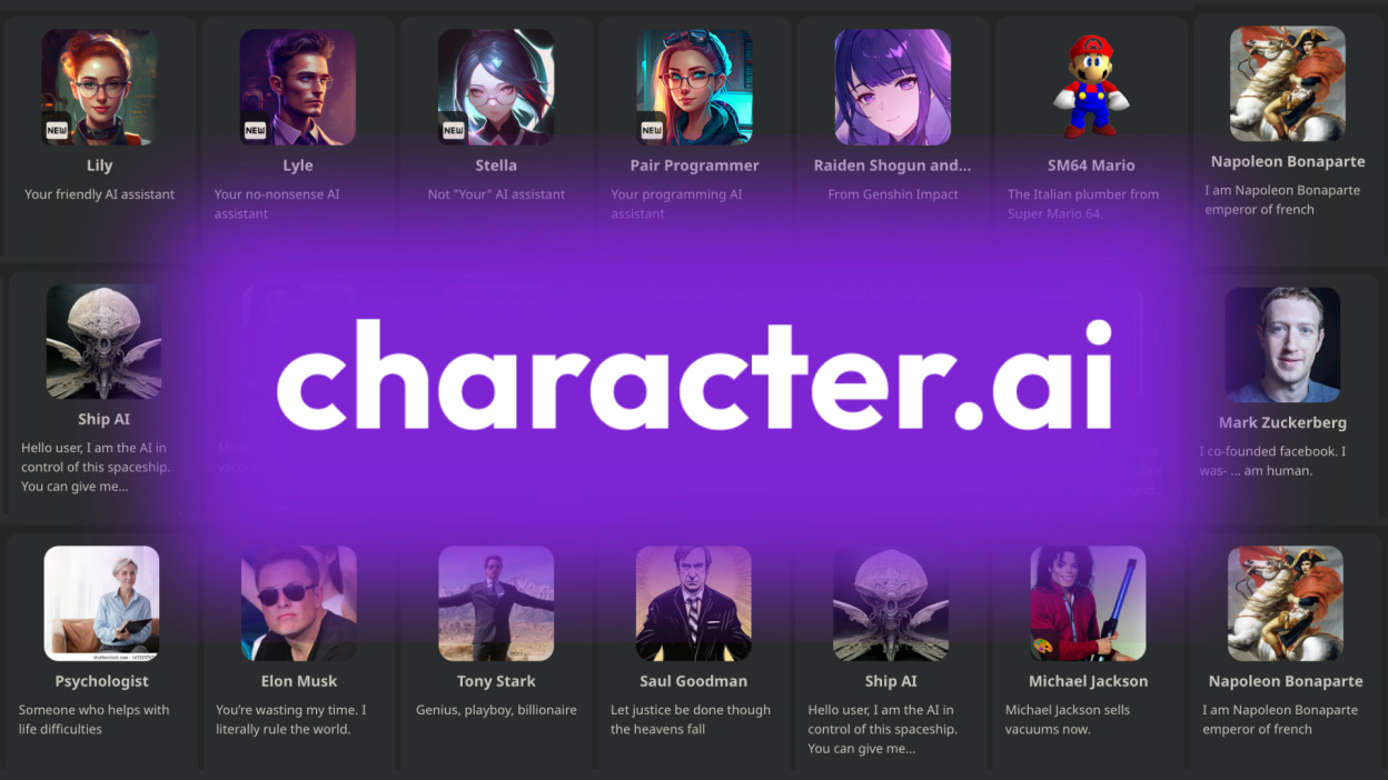 A screenshot of the homepage of Character.ai and the logo for the site.