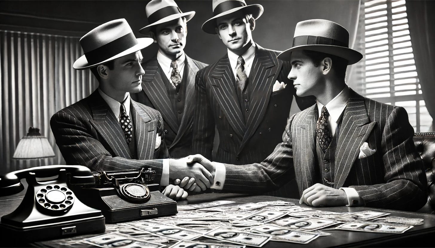 A black and white image of men dressed in business attire of the 1940s shaking hands over a table covered with dollar bills. The men are wearing suits with wide lapels, fedoras, and ties typical of the 1940s. The setting is an office with vintage furniture, including a wooden desk and a rotary phone on it. The atmosphere is serious and businesslike, reflecting a successful deal being made.