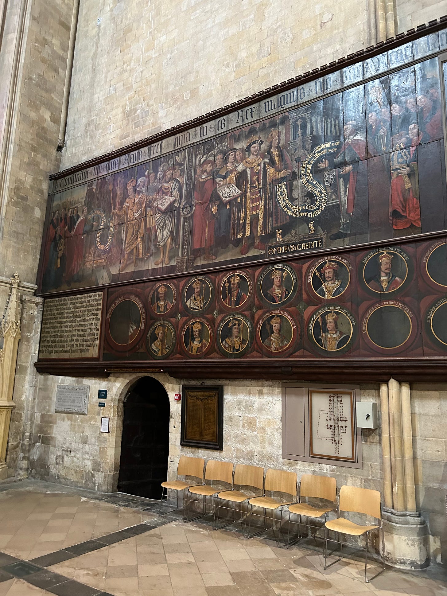 A wood panel, painted with a scene of Henry VIII handing a document to various clerics. Behind Henry are a number of courtiers and nobles. Under the main painting are rounders of earlier English Kings.