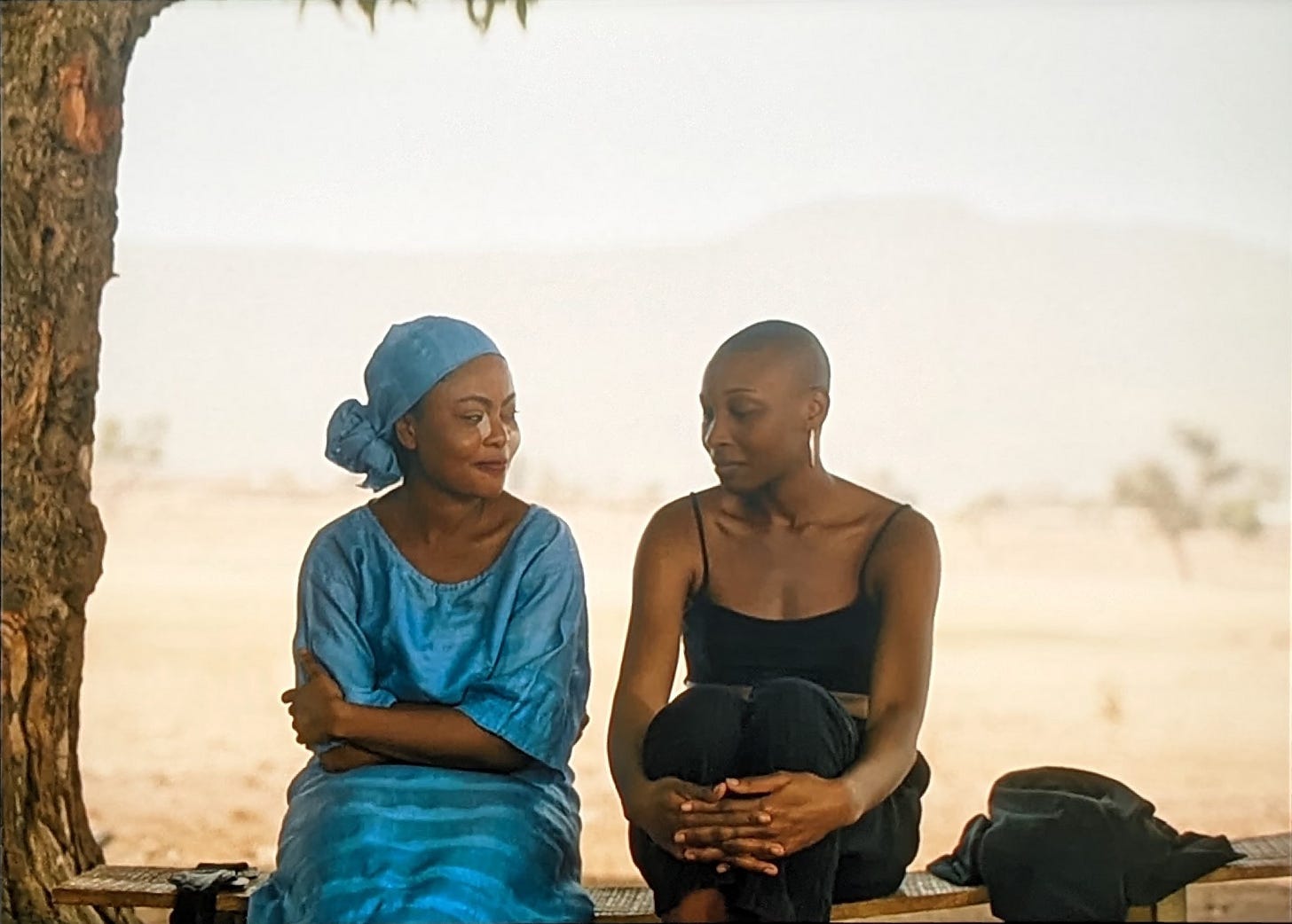 Two Black women sit side-by-side on a thin wooden bench under a tree. The one on the left wears an aqua blue scoop-neck dress and matching head scarf. She has a small smile as she looks at the other woman, who is looking down with her hands clasped around her knees. She wears a black tank top and black slacks with big gold hoop earrings.
