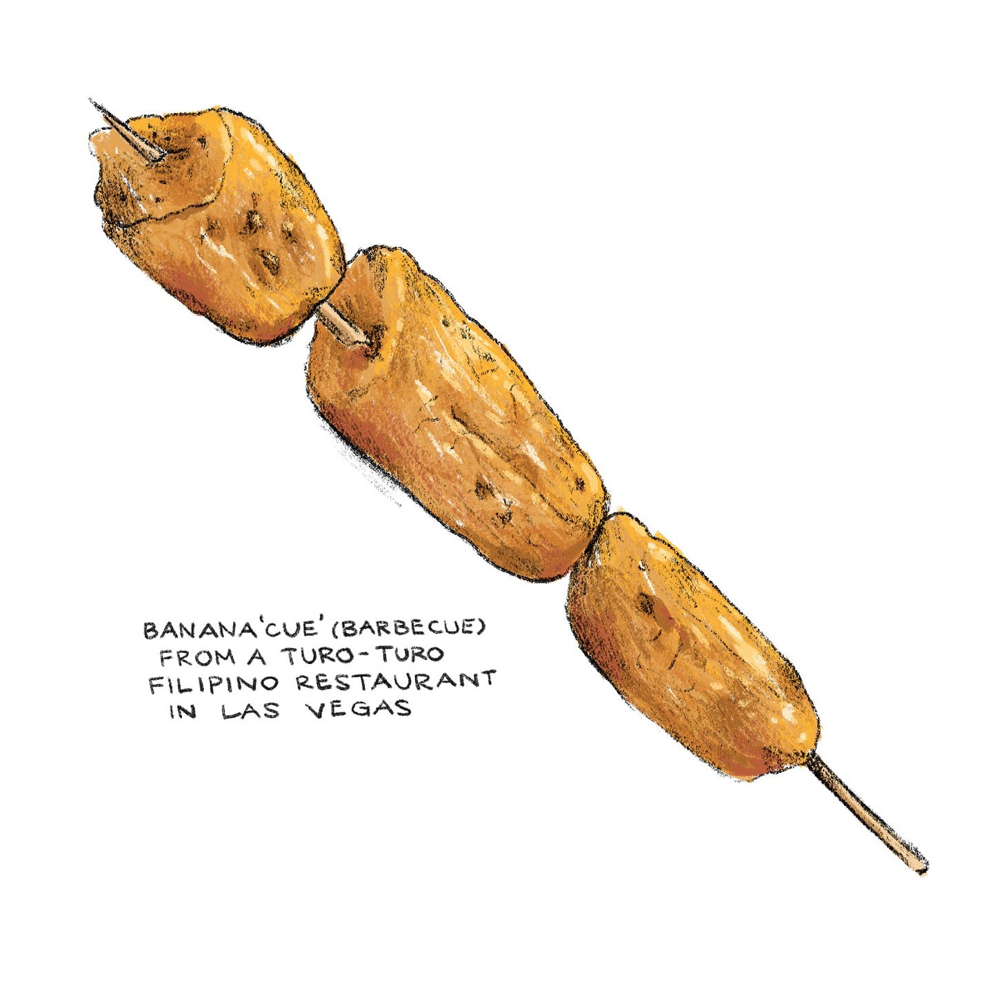 banana cue (barbecue) from a turo-turo Filipino restaurant in Las Vegas, a pencil illustration of banana fruits on a stick