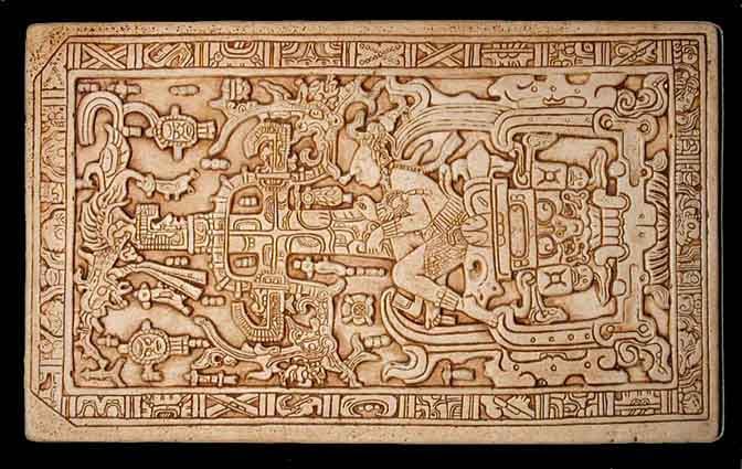 The carving from the lid of Pakal's tomb, depicting complex designs as well as Pakal himself. He seems to be astride some sort of device that looks vaguely technological