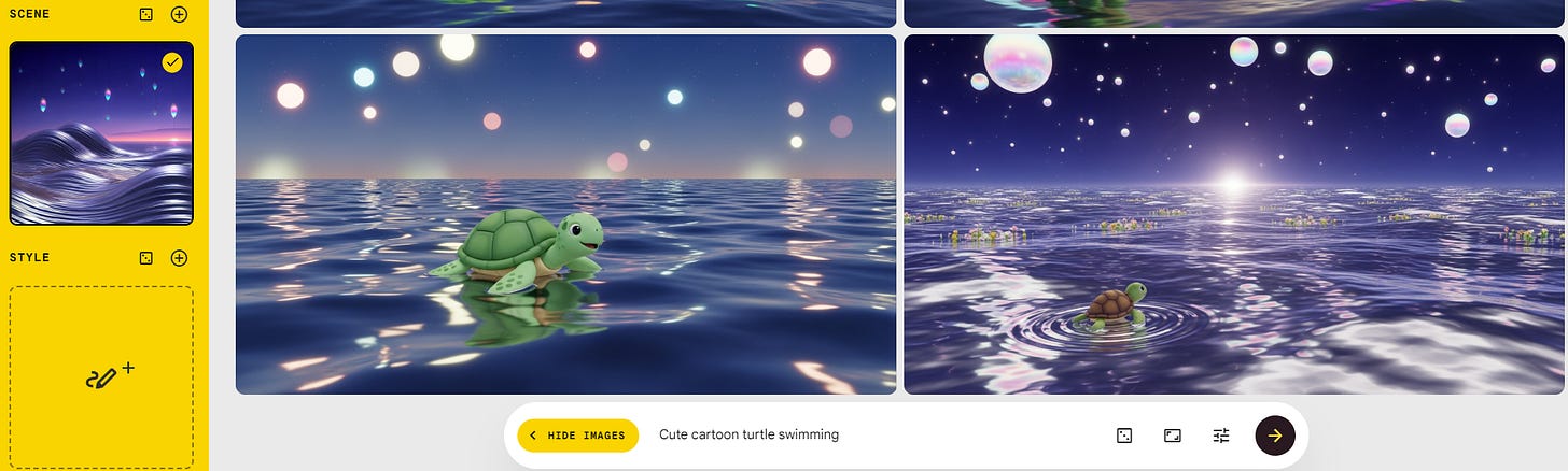 Cute cartoon turtle swimming in the ocean - Google Whisk snapshot using a scene reference