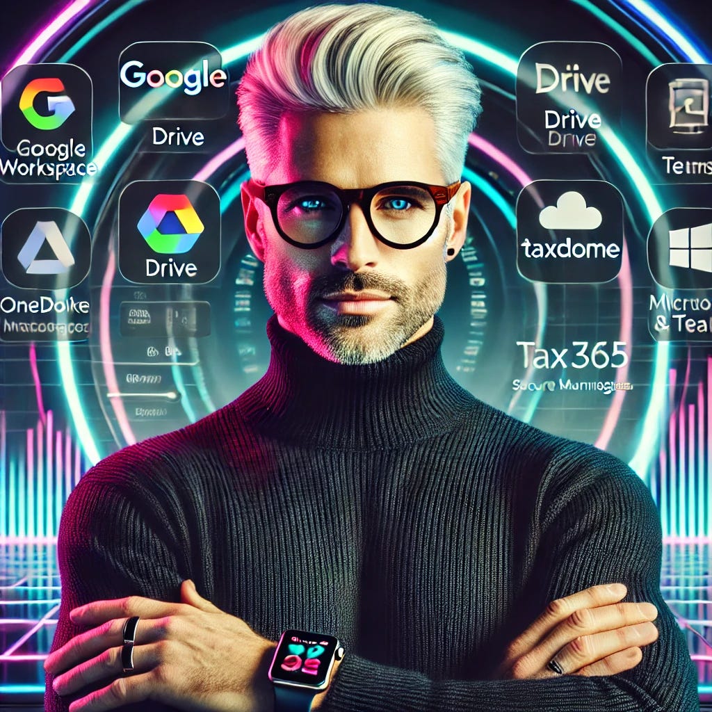 A mid-30's man with platinum blonde hair, bright blue eyes, clean-shaven with no facial hair, wearing a sleek black turtleneck sweater, cocobolo wood-framed glasses, and an Apple Watch. He is giving a confident, modern tech presentation in a futuristic, neon-accented office. Behind him is a large digital screen displaying the logos and icons for Google Workspace (Gmail, Drive, Docs), TaxDome, and Microsoft 365 (Outlook, OneDrive, Teams, Word), along with dynamic charts showing cloud storage, client management, and secure communication. The vibe is edgy, professional, and tech-forward.