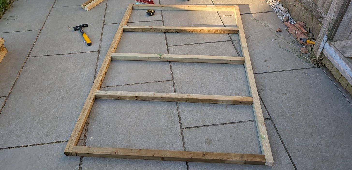 A shed base frame laid out to give a visual aid to the text.