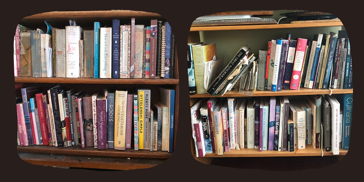 Four shelves filled with cookbooks