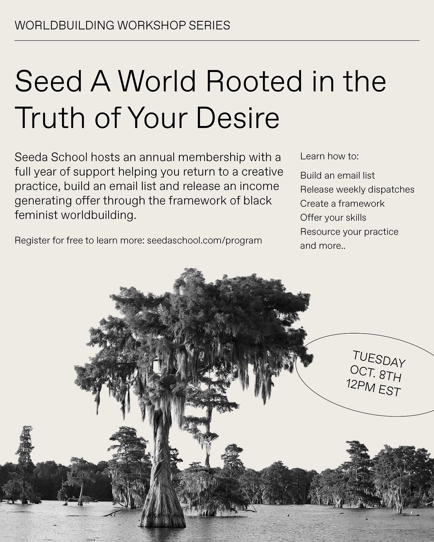 Worldbuilding Workshop Series flyer with the title "Seed A World Rooted In the Truth of Your Desire"