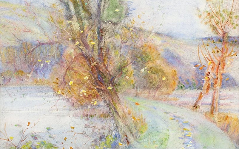 Autumnal Landscape with a Pond - watercolour by Lily Bristow