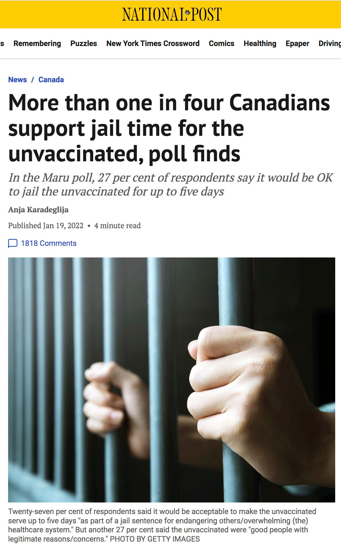 National Post: Canadians Support Jail Time for the Unvaccinated