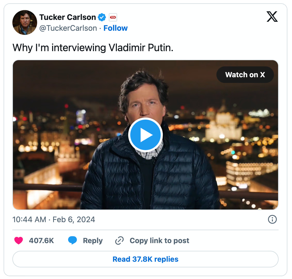 Video Twitter/X Tucker Carlson introduksi wawancara dengan Presiden Vladimir Putin