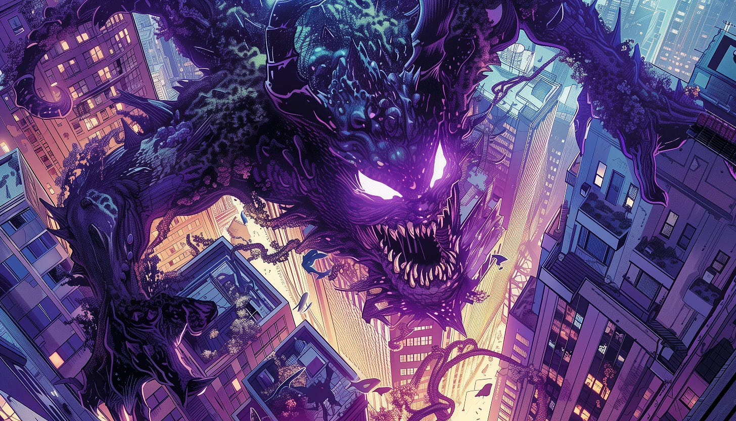 colorful graphic novel illustration | closeup of an abyss creature | in purple armor flying above building rooftops | full body shot, wide angle | cityscape background | detailed atmospheric portraits | high contrast lighting | high resolution | fine lines, hyperdetailed --ar 7:4 --s 120 --v 6.0