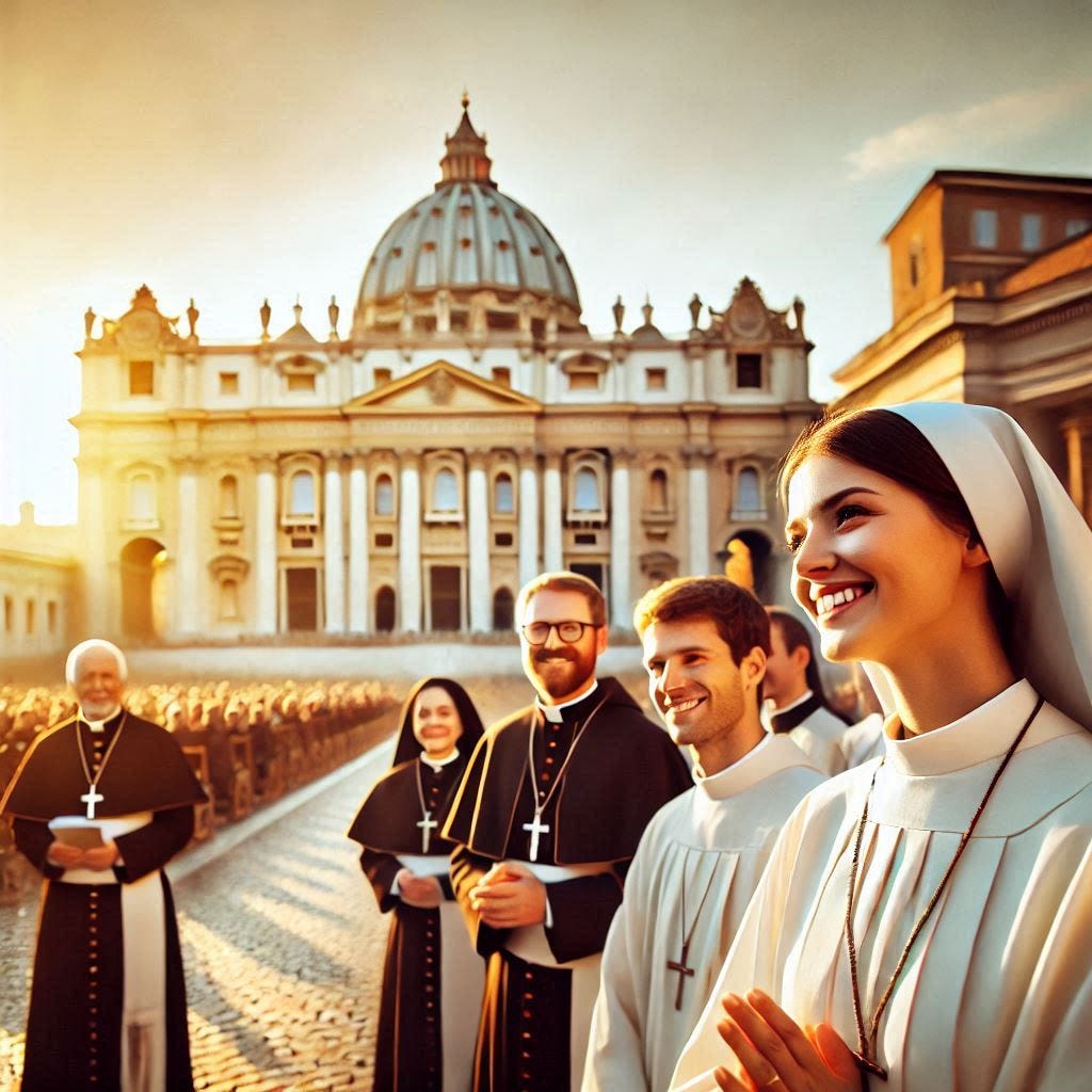 Un gruppo di preti e suore , in abiti religiosi, in primo piano. La Basilica di San Pietro a Roma è visibile maestosa sullo sfondo. Luce solare calda e dorata, atmosfera di gioia e spiritualità.