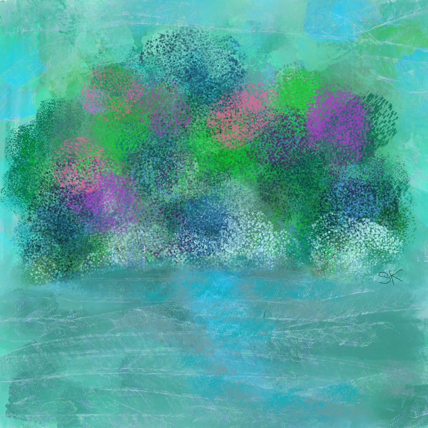 Sherry Killam's abstract painting of green blue foliage in wetlands.