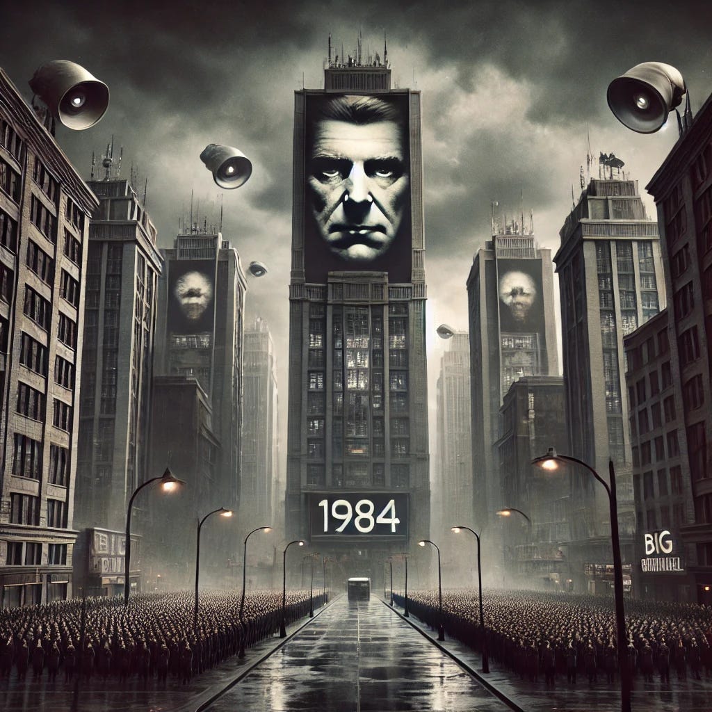 A dystopian cityscape inspired by the novel '1984' by George Orwell, featuring towering, grim skyscrapers under a gloomy sky. In the foreground, a massive, ominous billboard displays a stern, watchful face symbolizing Big Brother, with piercing eyes that seem to follow viewers. The streets are filled with uniformed citizens marching in unison, while surveillance cameras and loudspeakers are mounted on every building corner. The atmosphere is heavy with a sense of oppression and surveillance, evoking a powerful totalitarian vibe.