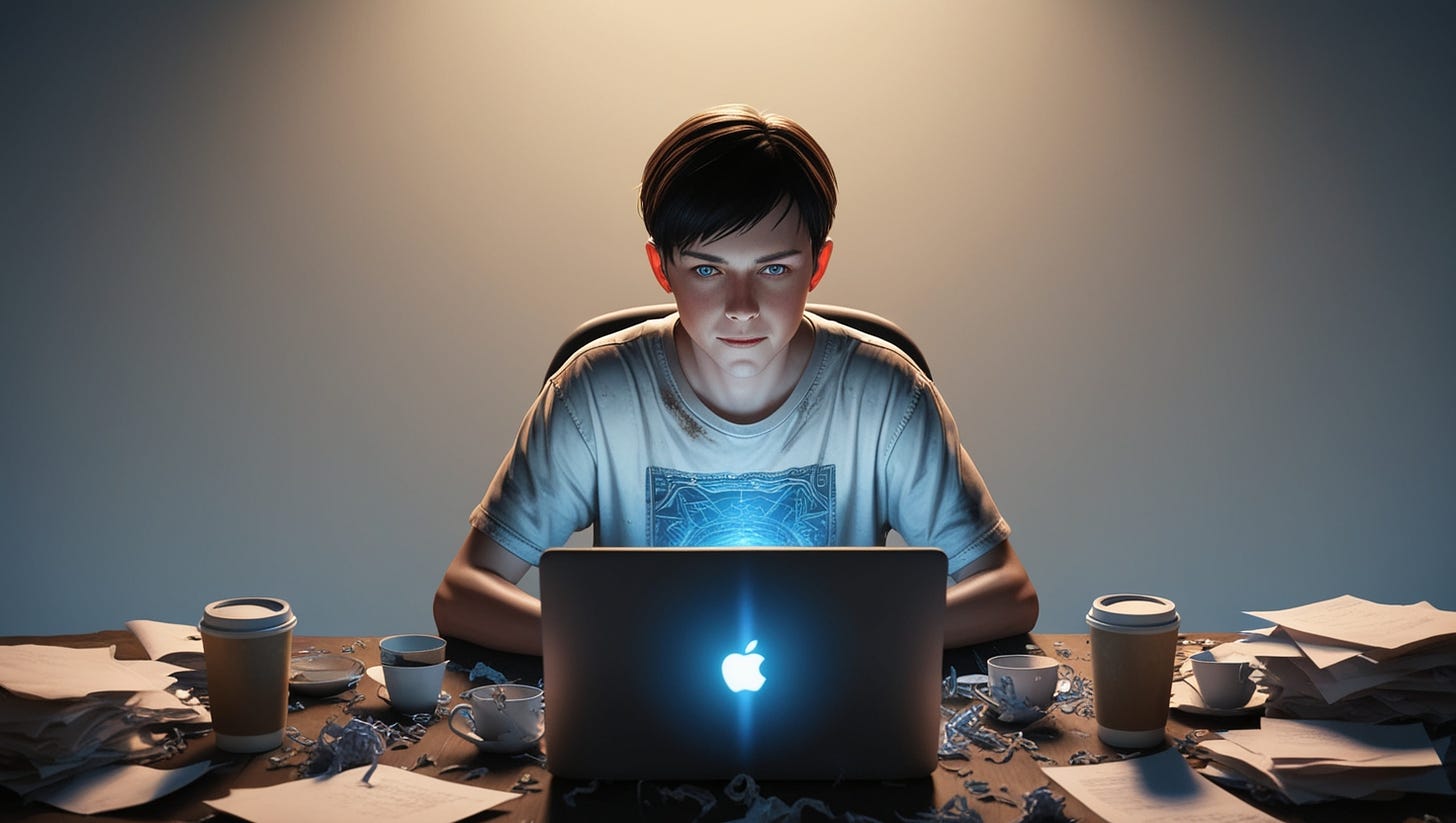 A young adult coder, likely in their mid-twenties, with short, dark brown hair and a subtle, concentrated expression, sits in front of a laptop with a mesmerizing glow, surrounded by empty coffee cups and scattered sheets of crumpled paper on a cluttered desk, wearing a worn-out, comfortable-looking white graphic t-shirt and faded blue jeans, with a few streaks of highlights on their forehead, suggesting a long, intense coding session, set against a warm, dimly lit background with a subtle gradient of blues and whites, evoking a sense of late-night productivity, with the laptop screen radiating a soft, pale blue light that illuminates the coder's face, accentuating their determined features.