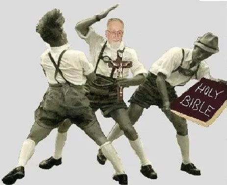 Three men fighting in lederhosen with crucifixes and bibles.