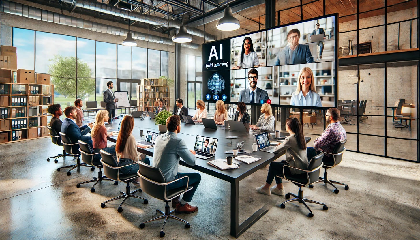 A modern photo of a diverse team of learning designers in a technology company, participating in a hybrid learning session about AI. Some team members are physically present in a sleek, open-concept office space, while others are joining remotely via video call displayed on a large screen. The in-office group is gathered around a large table with laptops, tablets, and notebooks open. The remote participants appear in individual video windows on the screen, engaged in the discussion. The environment is bright with large windows, contemporary furniture, and a collaborative atmosphere.