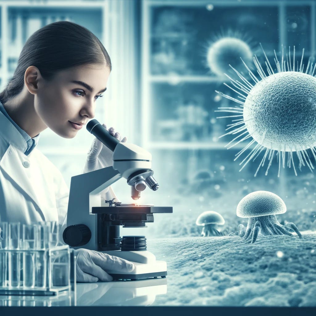 A scientist using a microscope in a laboratory, observing microscopic life forms. The lab is well-equipped with modern scientific equipment, and the scientist is depicted as a young, focused woman wearing a lab coat. The scene emphasizes curiosity and the pursuit of knowledge in basic science.
