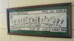 poster that reads "Walk cheerfully over the world answering that of God in everyone."