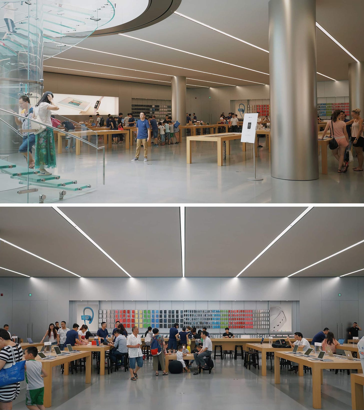Two interior views of Apple Jiefangbei. The store has a glass staircase and large, round stainless steel columns.