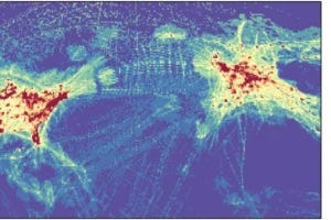 Maximum air traffic density (# km−2) within each 0.5° by 0.5° grid cell during 1 September 2023, for North America, the Atlantic and Europe. Plotted using Cartopy v0.22.1 (scitools.org.uk/cartopy).