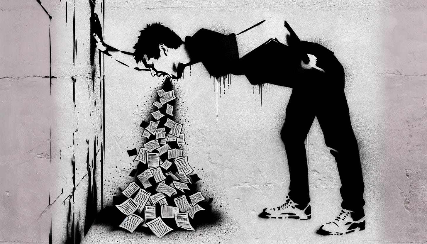 In the same black and white stencil-style and 16:9 format, depict a young man leaning against a wall in a state of discomfort, as he appears to be vomiting. However, instead of a typical depiction, what emerges from him are documents, articles, and texts, symbolizing an overflow of information or perhaps the consequences of consuming too much misleading or harmful content. The imagery should be striking yet not graphic, conveying a powerful message about the impact of information overload or misinformation in a visually compelling manner. The wall texture and the man's posture should reflect a sense of urgency and distress, while the expelled papers represent a deluge of data.