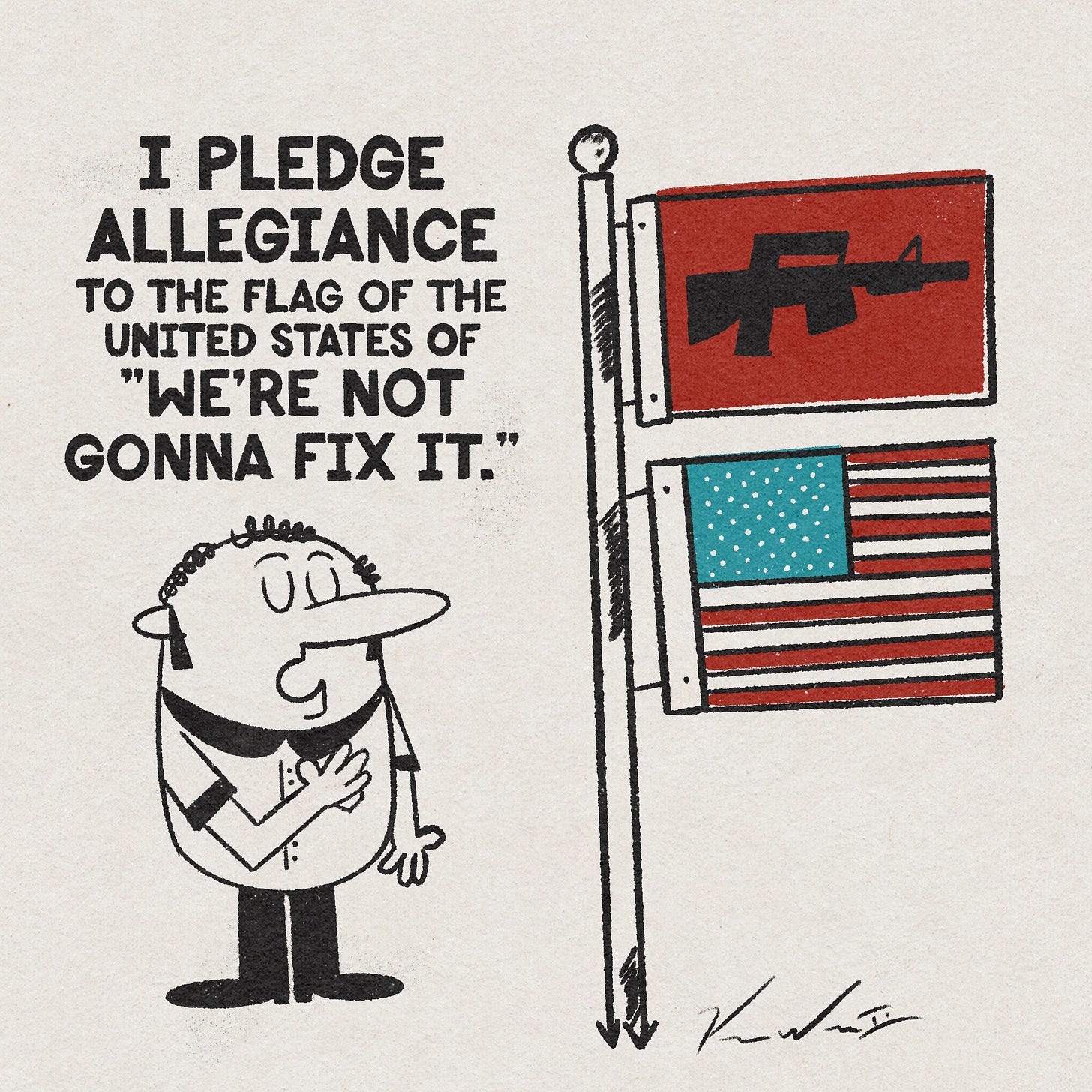 I pledge allegiance to the flag of the United States of "we're not gonna fix it". Person pledges to a flag of an Ar-15.