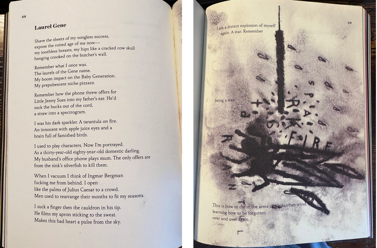 Left: A page from Amber's book, "Dark Sparkler." The book is open to the first page of a poem titled "Laurel Gene." Right: A charchol drawing by David Lynch inspired by the poem. The poem continues on this page, the text becoming part of the illustration. A sparkler hangs down and below it, a tarantula, its legs splayed and some lost from an apparent explosion. Some letters are written around the image appearing sideways and messy as if impacted by the explosion too. If you put the letters together, they spell out the words "fire," "sparks," and "tarantul." (The last "A" in "tarantula" is not included as the last letter runs off the page.)