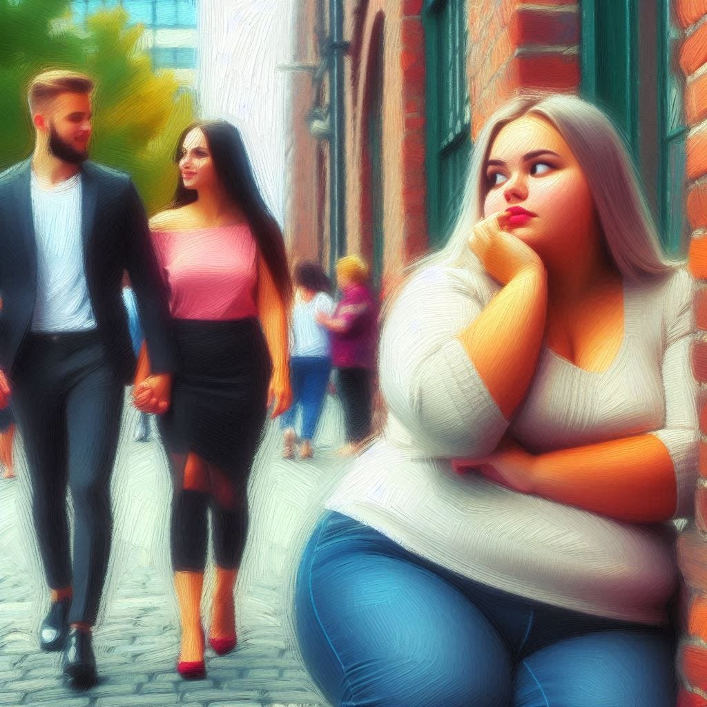 An overweight young woman stares enviously at an attractive couple walking past her. Slight impressionist style.