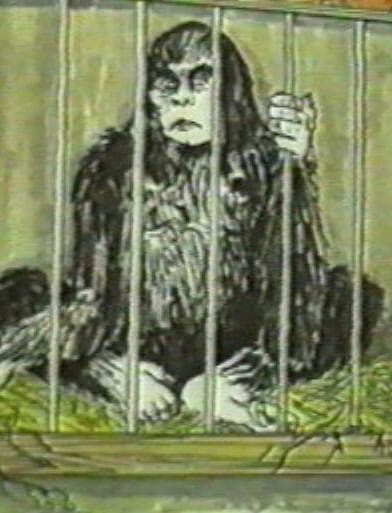 drawn image of what looks to be an ape like creature inside a cage