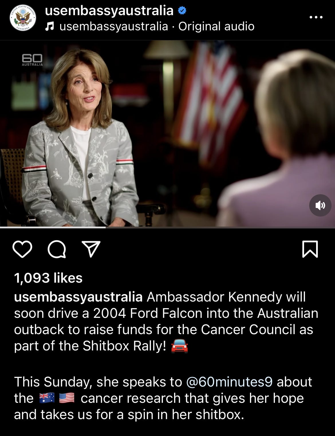 Ambassador Kennedy talking about taking part in the "Shitbox rally" in Australia