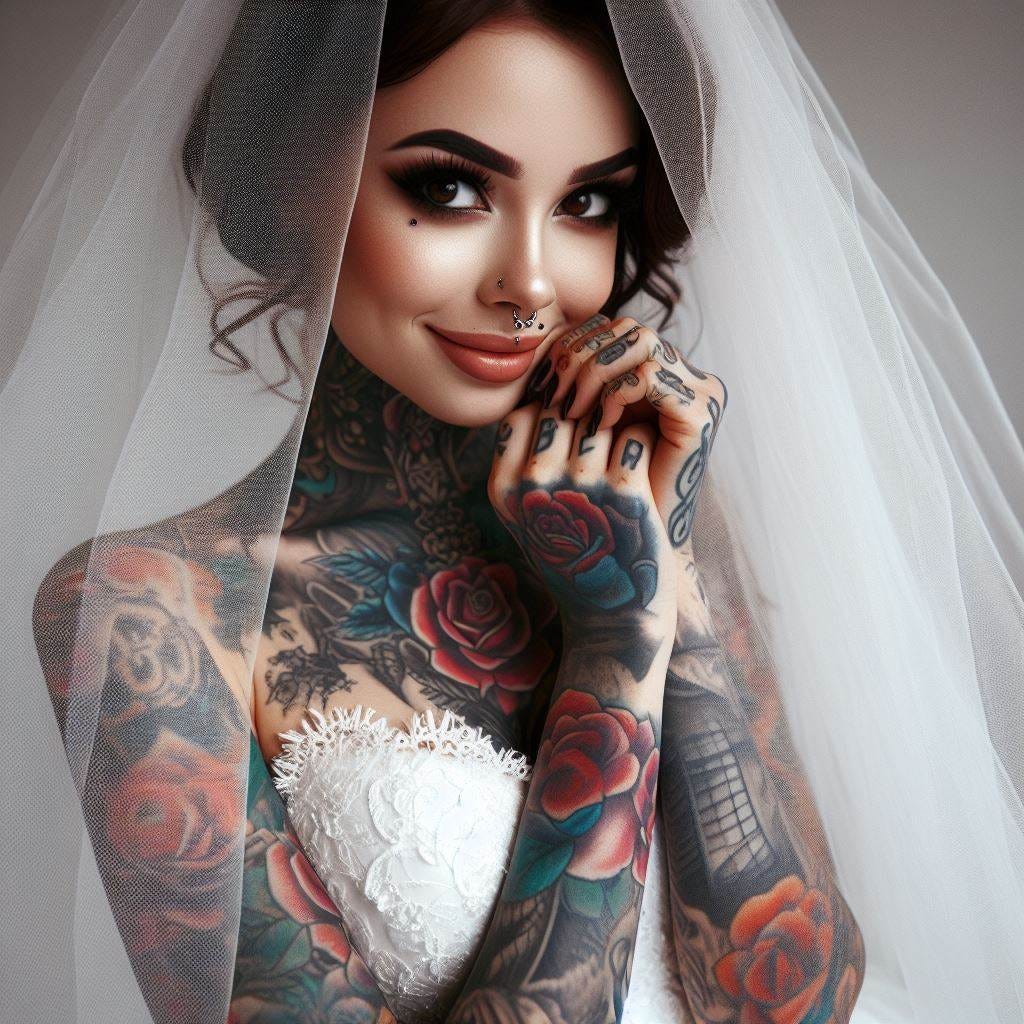A pretty heavily-tattooed girl is wearing a white wedding dress and peeping shyly from under her veil