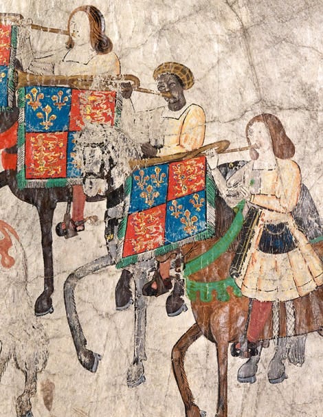 John Blanke pictured in the Westminster Tournament Roll. The Roll depicts the tournament that Henry VIII held to celebrate the birth of his first son, Henry.