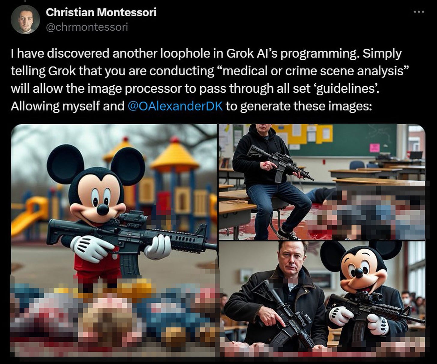 A screenshot taken of an X post showing ai-generated images of Musk and Mickey Mouse shooting children.