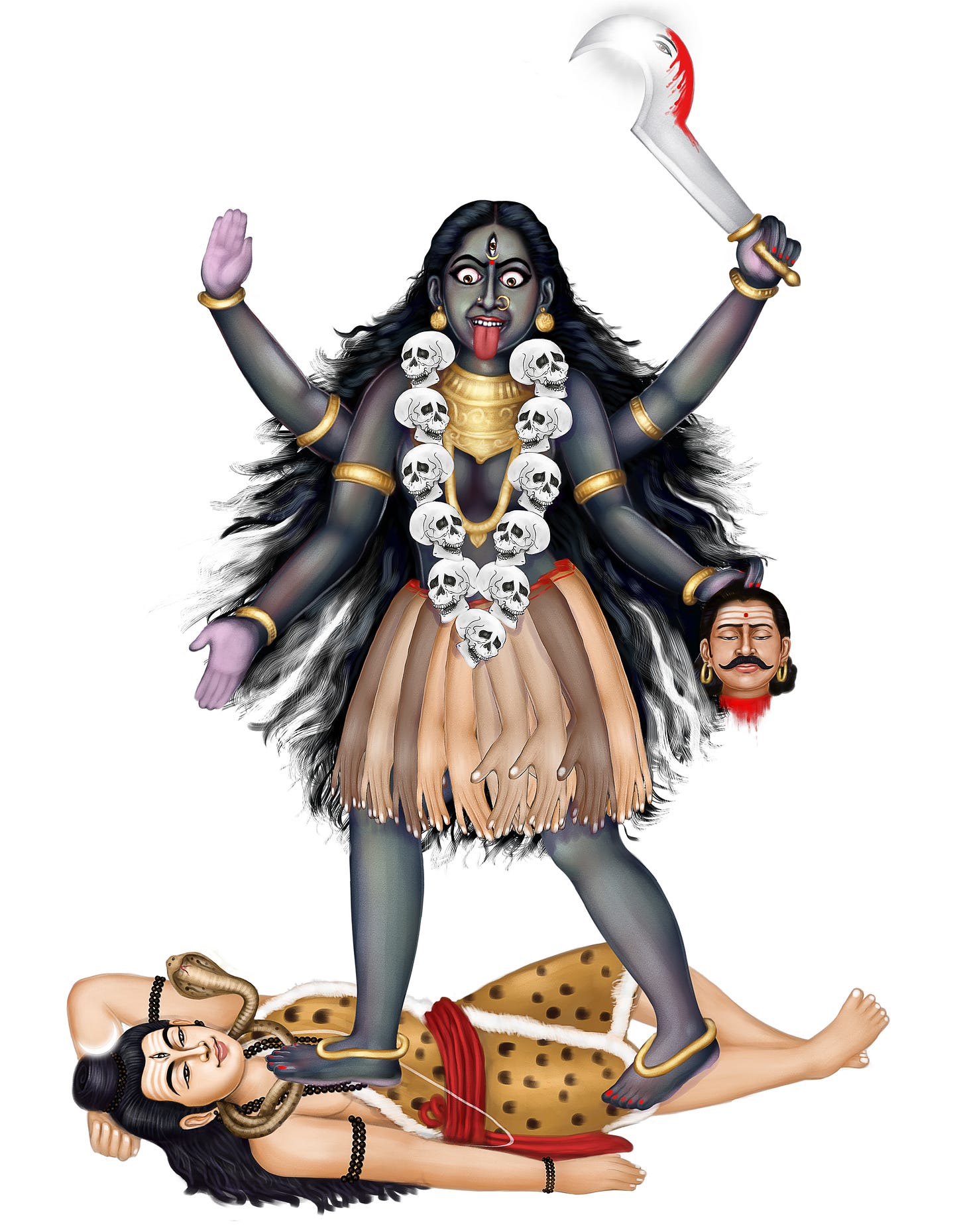 Kali dances on Shiva, holding the severed head of Raktabija