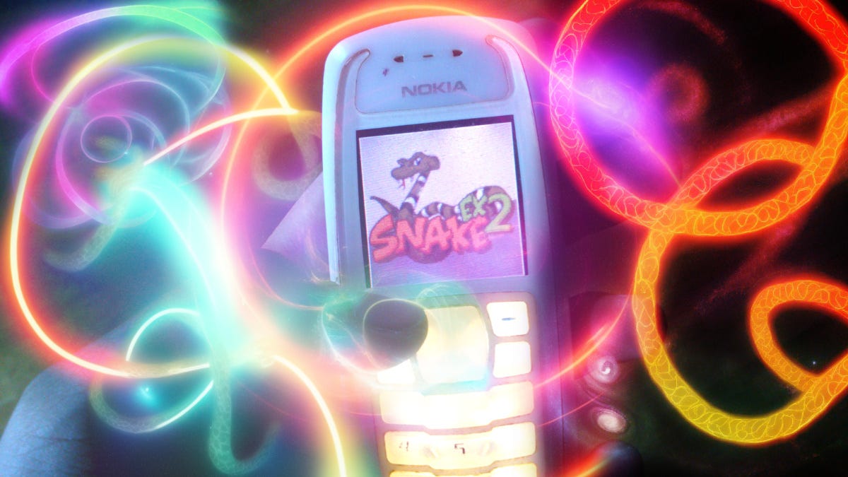 Collage consisting of a photograph of a hand holding a white Nokia 3100 phone combined with AI-generated imagery of glowing cosmic snakes