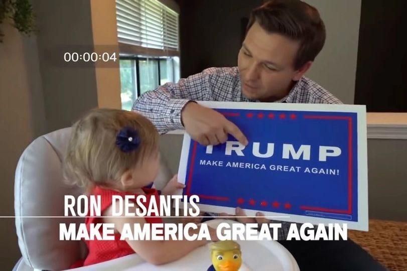 May be an image of 2 people, child and text that says '00:00:04 MAKE AMERICA GREAT AGAIN! RUMP RON DESANTIS MAKE AMERICA GREAT AGAIN'