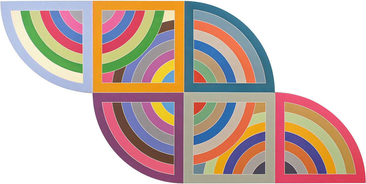 Minimalist art piece by Frank Stella -- colorful almost rainbow array of colors and lines juxtaposed.
