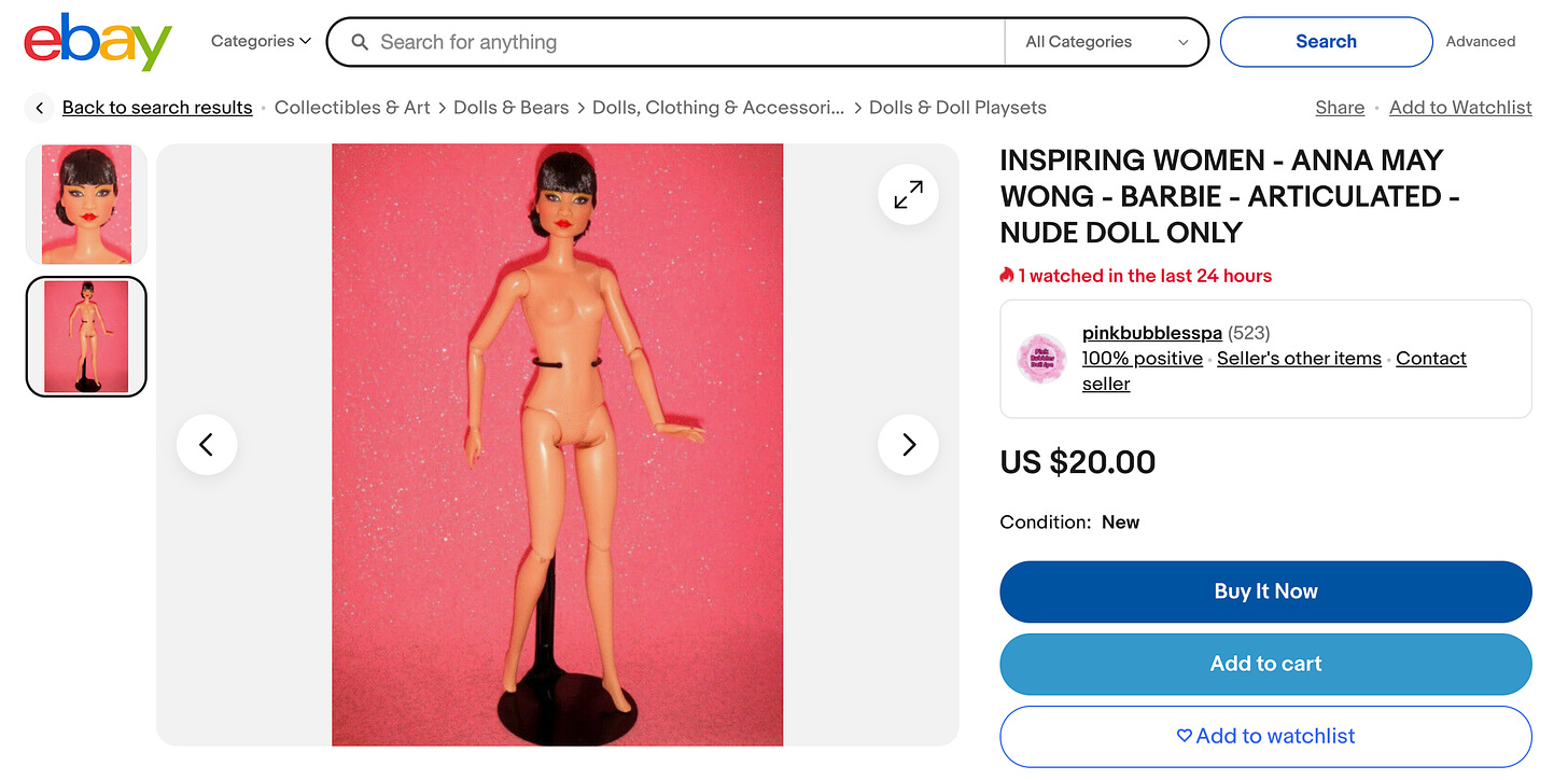 screenshot of an eBay listing selling a nude AMW Barbie