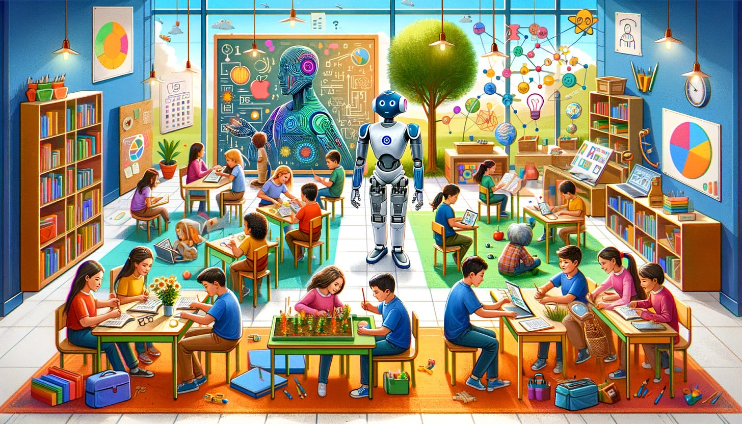 An imaginative and educational header image for an essay titled 'Reimagining Middle School Education: The Synergy of AI and Montessori Principles'. The image should feature a vibrant classroom setting with middle school students engaged in various learning activities. One group should be working with a humanoid robot, illustrating the integration of AI in education. Another group should be involved in a Montessori-style hands-on project, such as building a model or gardening. The environment should be colorful and inviting, emphasizing creativity and collaboration among the students.