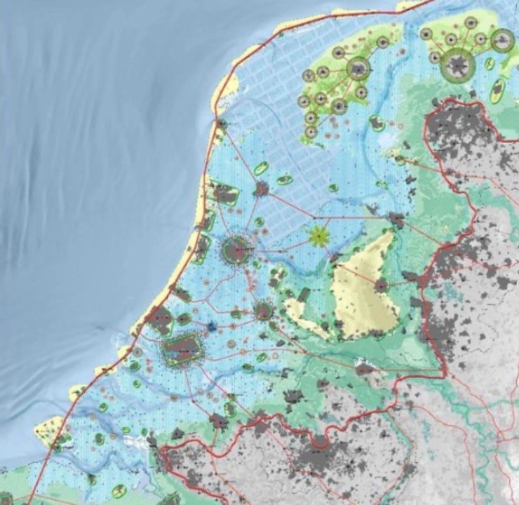 De rode lijnen zijn wegen op een kaart die laat zien hoe Nederland erin 2200 uit kan zien.  Dus geen tunnels om kinderen te smokkelen.